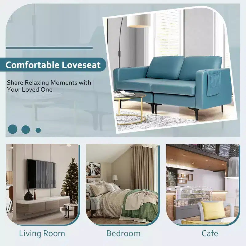 Costway Modern Loveseat Leathaire Fabric 2-Seat Sofa Couch w/ Side Storage Pocket