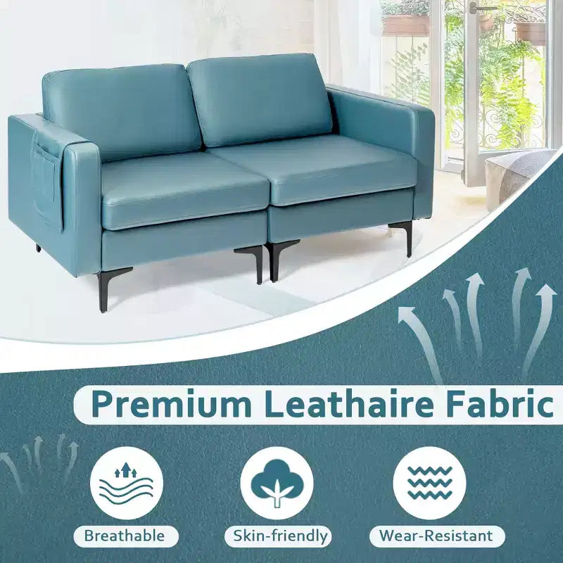 Costway Modern Loveseat Leathaire Fabric 2-Seat Sofa Couch w/ Side Storage Pocket