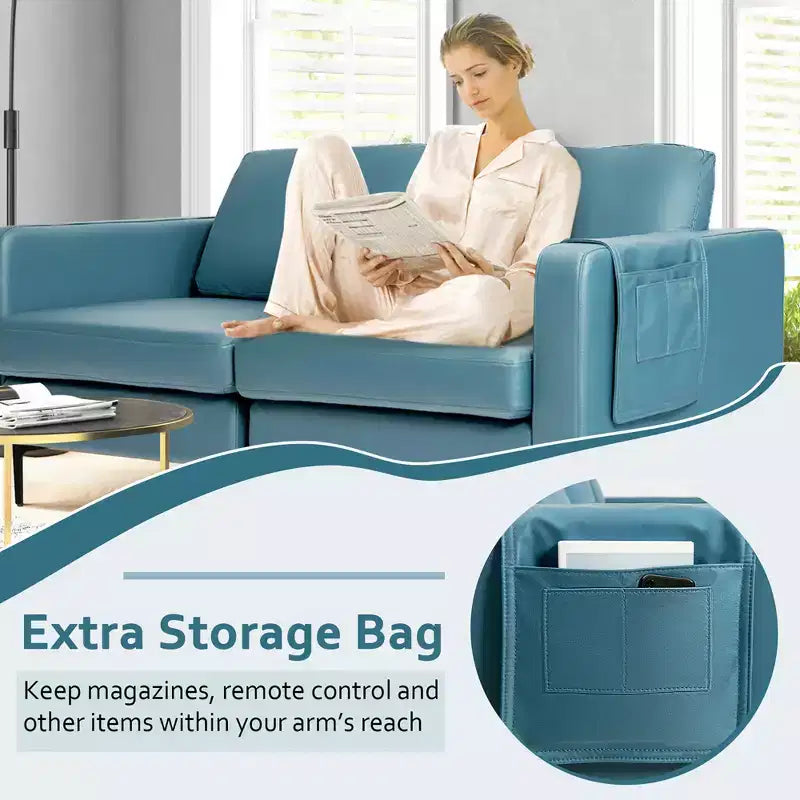 Costway Modern Loveseat Leathaire Fabric 2-Seat Sofa Couch w/ Side Storage Pocket