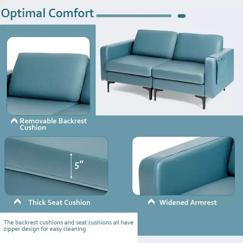 Costway Modern Loveseat Leathaire Fabric 2-Seat Sofa Couch w/ Side Storage Pocket