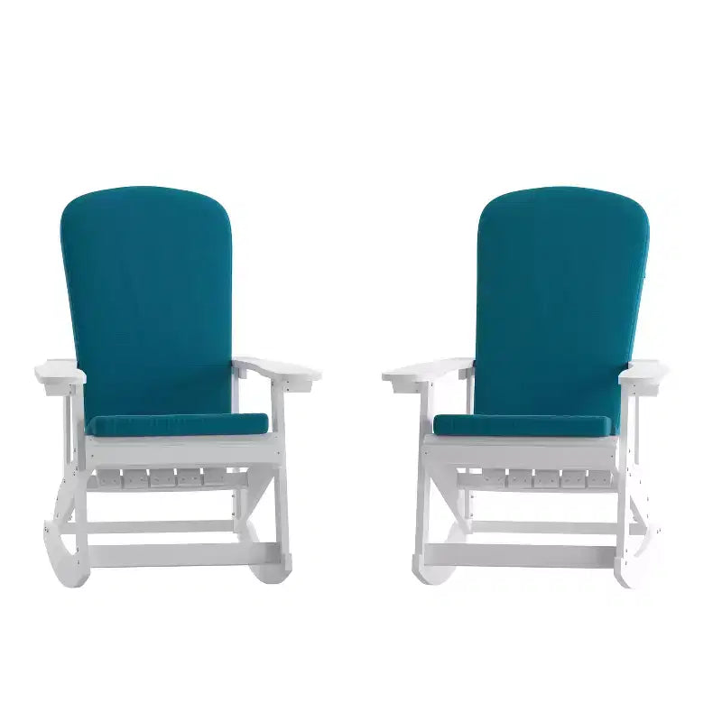Flash Furniture Savannah Set di 2 Sedie a Dondolo Adirondack in Legno di Poliresina per Tutte le Stagioni con Cuscini per Terrazzo, Portico e Patio