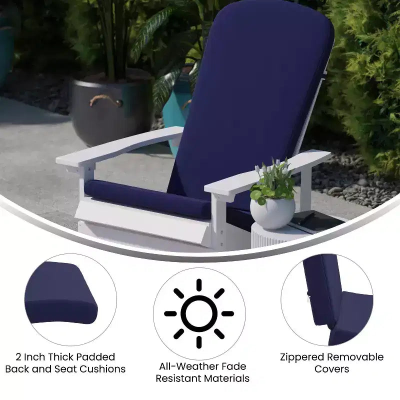 Flash Furniture Charlestown Set of 2 All-Weather Poly Resin Indoor/Outdoor Folding Adirondack Chairs with Cushions for Deck, Porch, and Patio