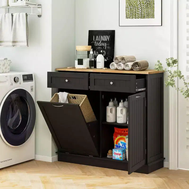 Costway Wooden Kitchen Trash Cabinet Tilt Out Bin Holder w/ Drawer & Storage Shelf Black/White/Coffee/Gray
