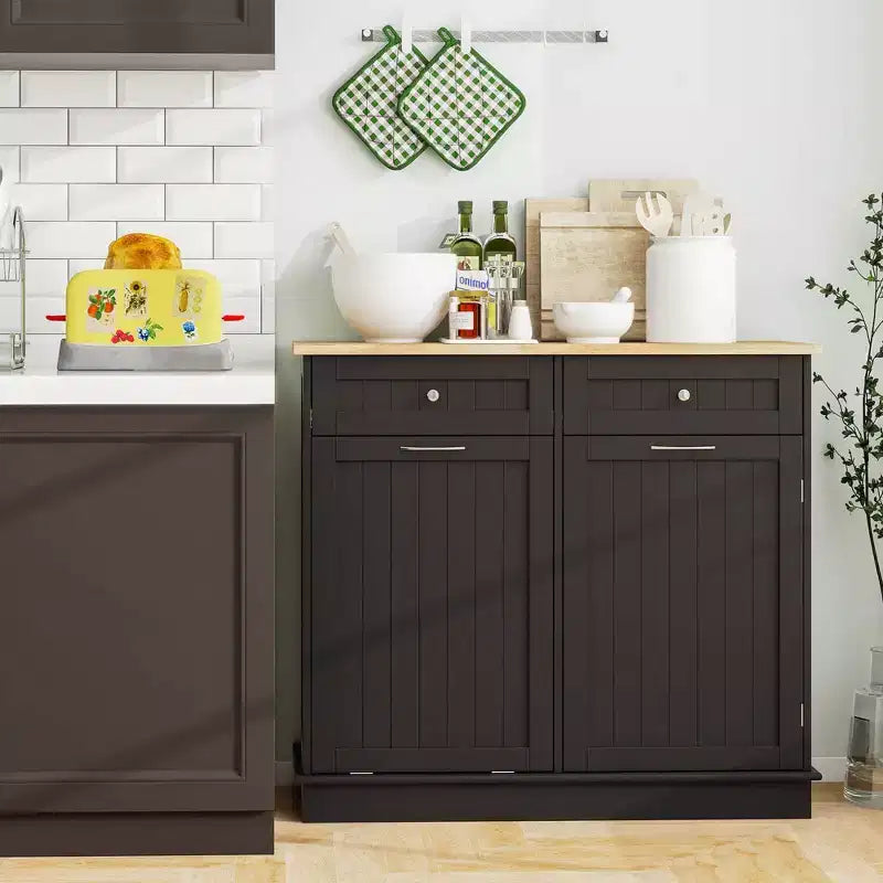 Costway Wooden Kitchen Trash Cabinet Tilt Out Bin Holder w/ Drawer & Storage Shelf Black/White/Coffee/Gray