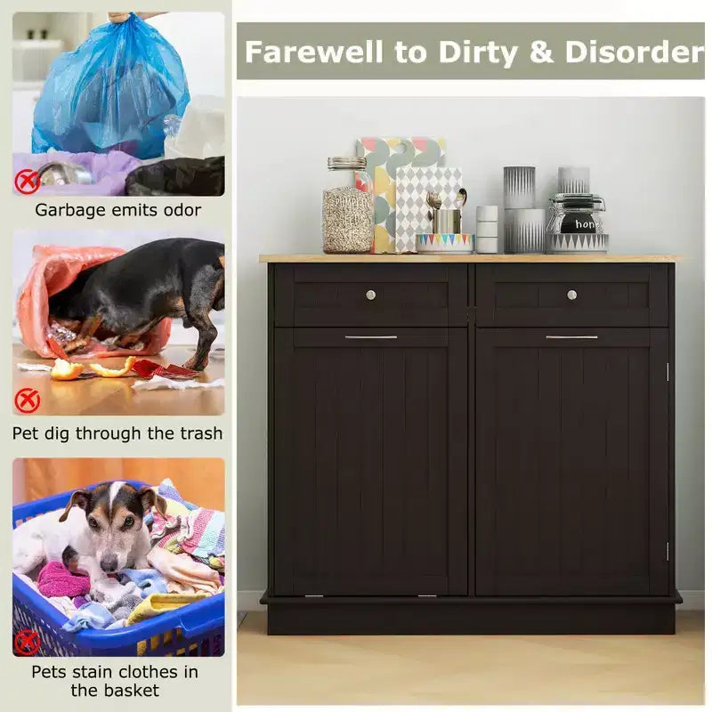 Costway Wooden Kitchen Trash Cabinet Tilt Out Bin Holder w/ Drawer & Storage Shelf Black/White/Coffee/Gray