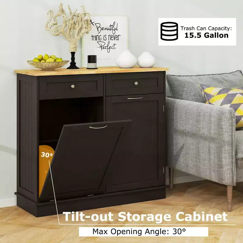 Costway Wooden Kitchen Trash Cabinet Tilt Out Bin Holder w/ Drawer & Storage Shelf Black/White/Coffee/Gray