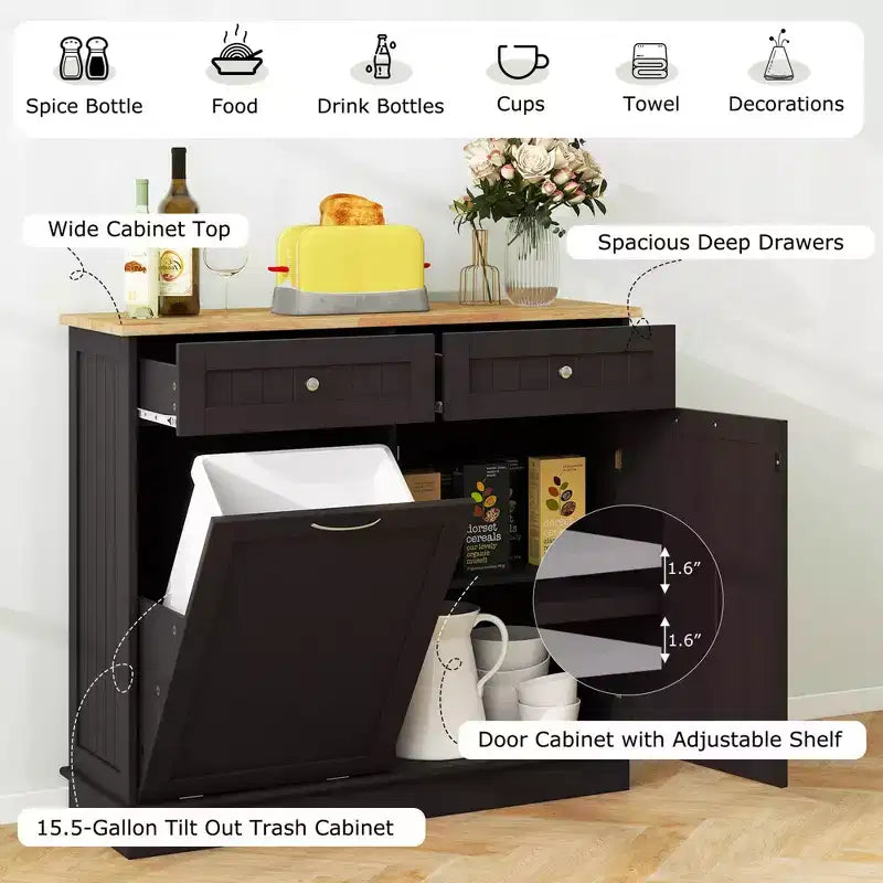 Costway Wooden Kitchen Trash Cabinet Tilt Out Bin Holder w/ Drawer & Storage Shelf Black/White/Coffee/Gray