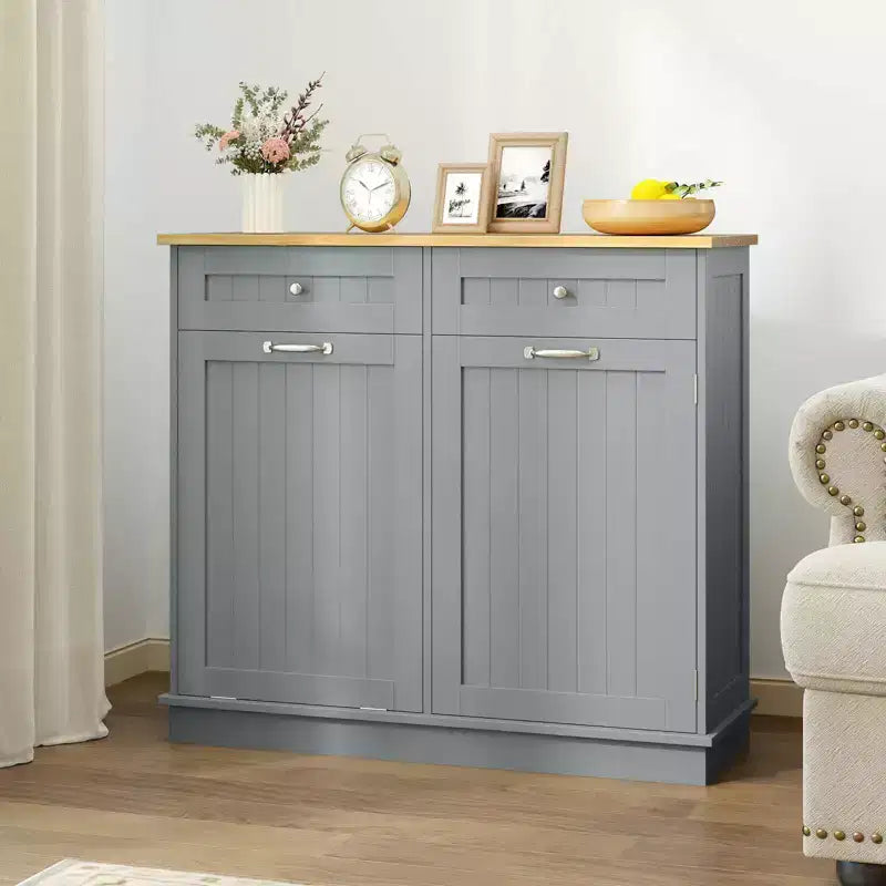 Costway Wooden Kitchen Trash Cabinet Tilt Out Bin Holder w/ Drawer & Storage Shelf Black/White/Coffee/Gray