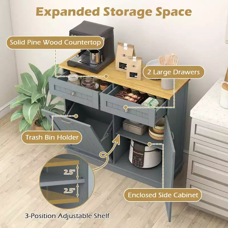 Costway Wooden Kitchen Trash Cabinet Tilt Out Bin Holder w/ Drawer & Storage Shelf Black/White/Coffee/Gray