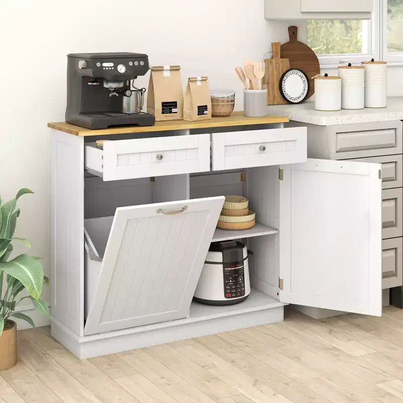Costway Wooden Kitchen Trash Cabinet Tilt Out Bin Holder w/ Drawer & Storage Shelf Black/White/Coffee/Gray