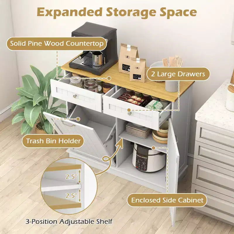 Costway Wooden Kitchen Trash Cabinet Tilt Out Bin Holder w/ Drawer & Storage Shelf Black/White/Coffee/Gray
