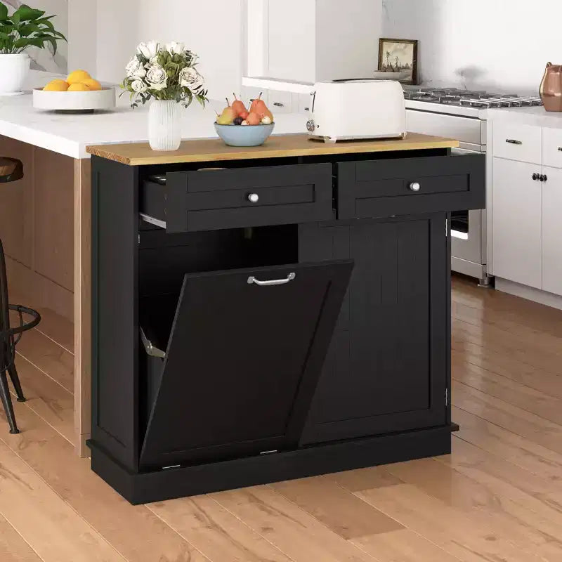 Costway Wooden Kitchen Trash Cabinet Tilt Out Bin Holder w/ Drawer & Storage Shelf Black/White/Coffee/Gray
