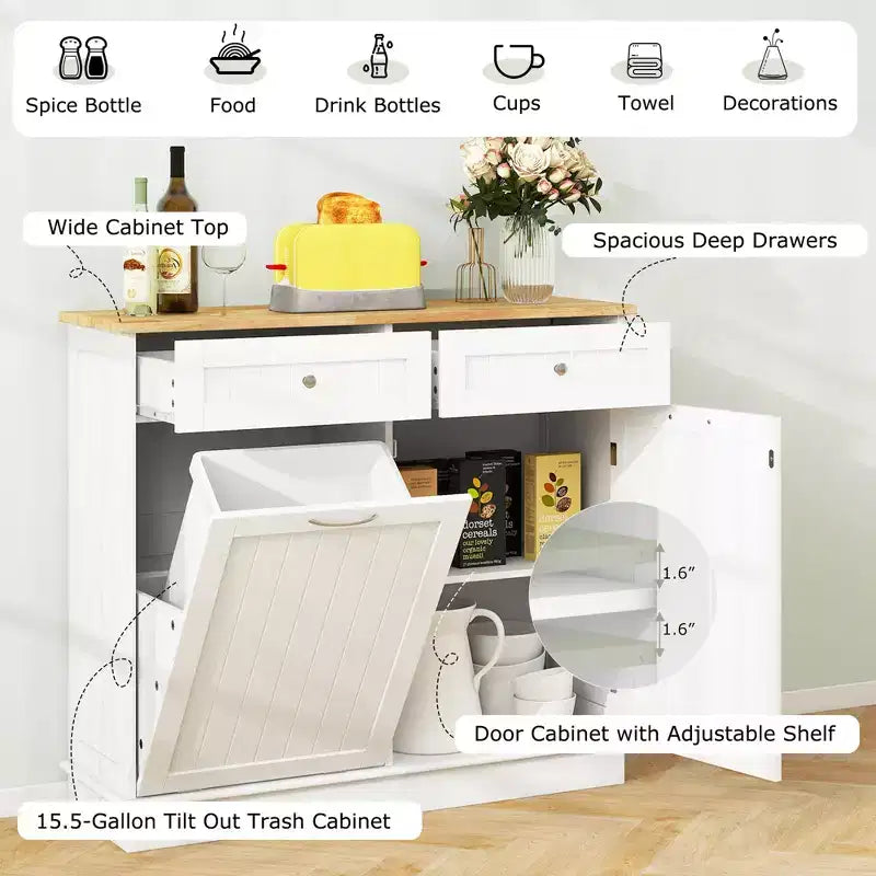 Costway Wooden Kitchen Trash Cabinet Tilt Out Bin Holder w/ Drawer & Storage Shelf Black/White/Coffee/Gray