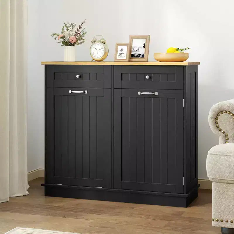 Costway Wooden Kitchen Trash Cabinet Tilt Out Bin Holder w/ Drawer & Storage Shelf Black/White/Coffee/Gray