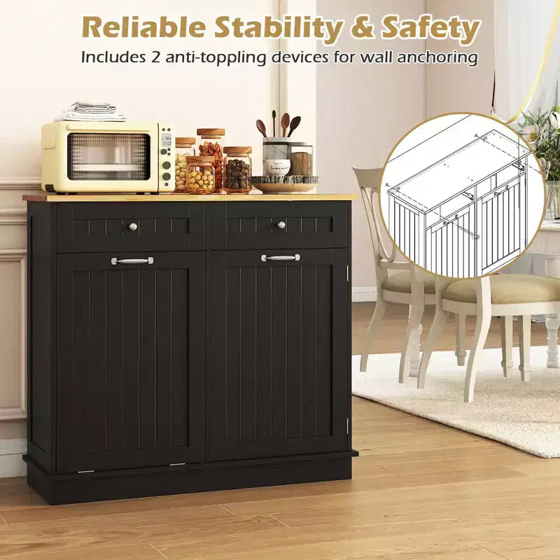 Costway Wooden Kitchen Trash Cabinet Tilt Out Bin Holder w/ Drawer & Storage Shelf Black/White/Coffee/Gray