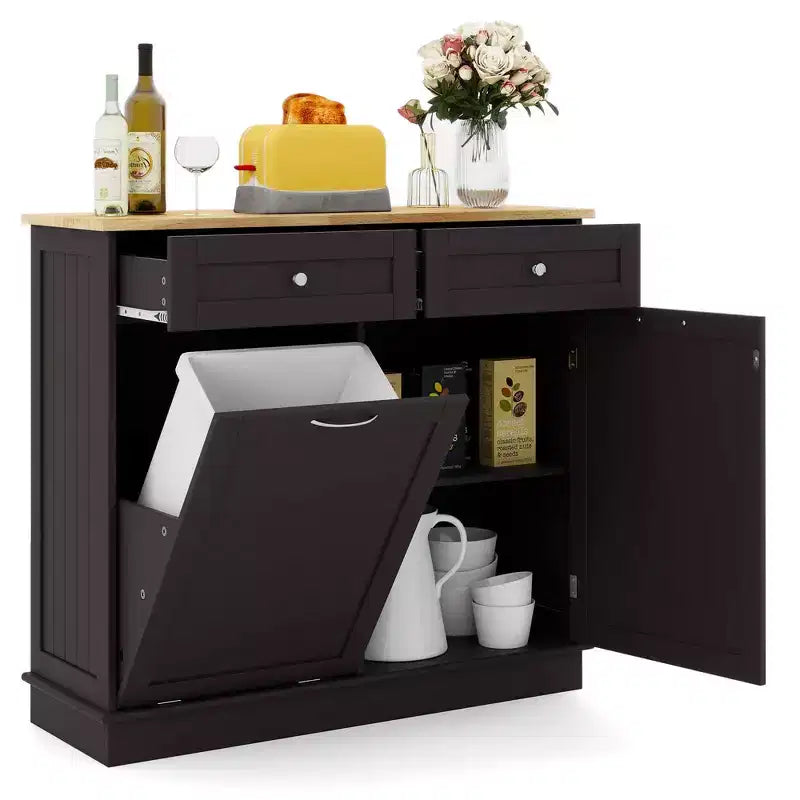 Costway Mobile Contenitore Cestino per Rifiuti in Legno Inclinabile con Cassetto e Ripiano Contenitore Nero/Bianco/Caffè/Grigio