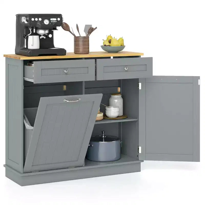 Costway Mobile Contenitore Cestino per Rifiuti in Legno Inclinabile con Cassetto e Ripiano Contenitore Nero/Bianco/Caffè/Grigio