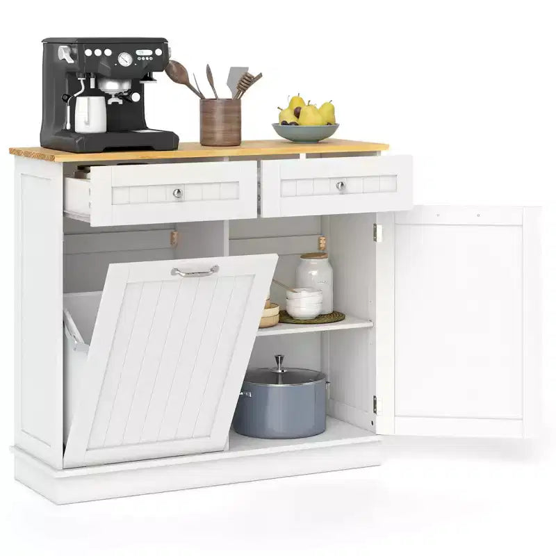 Costway Mobile Contenitore Cestino per Rifiuti in Legno Inclinabile con Cassetto e Ripiano Contenitore Nero/Bianco/Caffè/Grigio
