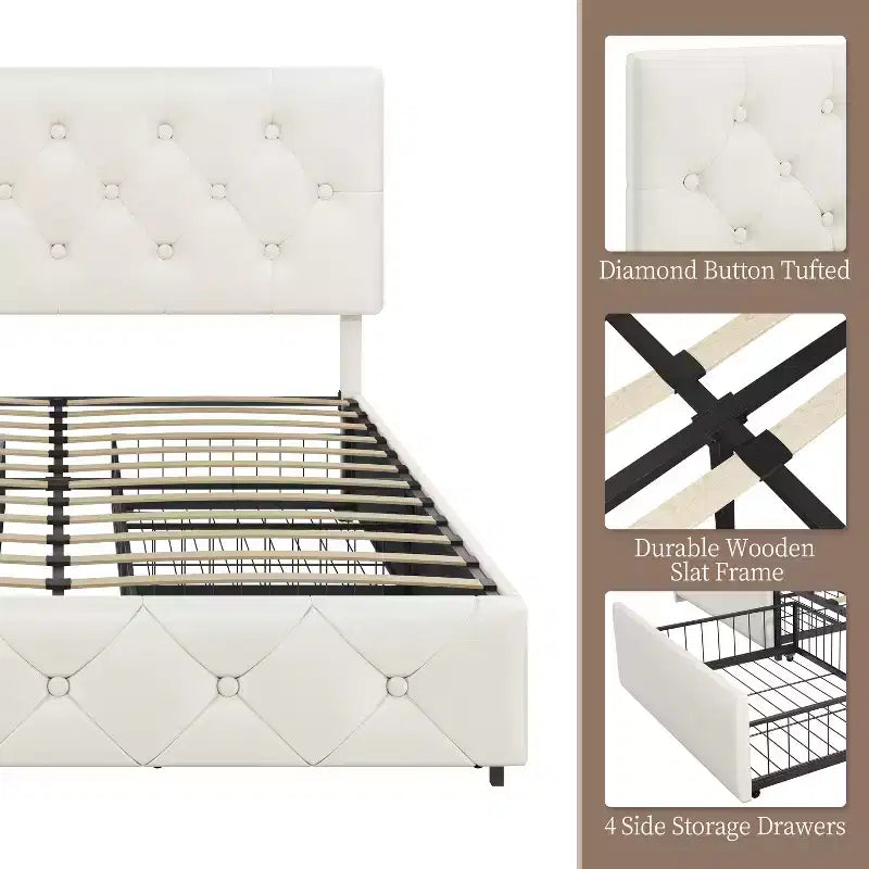 Yaheetech Upholstered Faux Leather Bed Frame with Adjustable Headboard