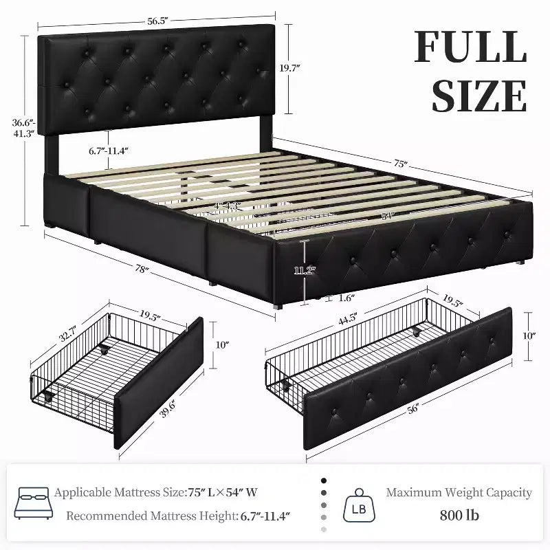 Yaheetech Upholstered Faux Leather Bed Frame with Adjustable Headboard
