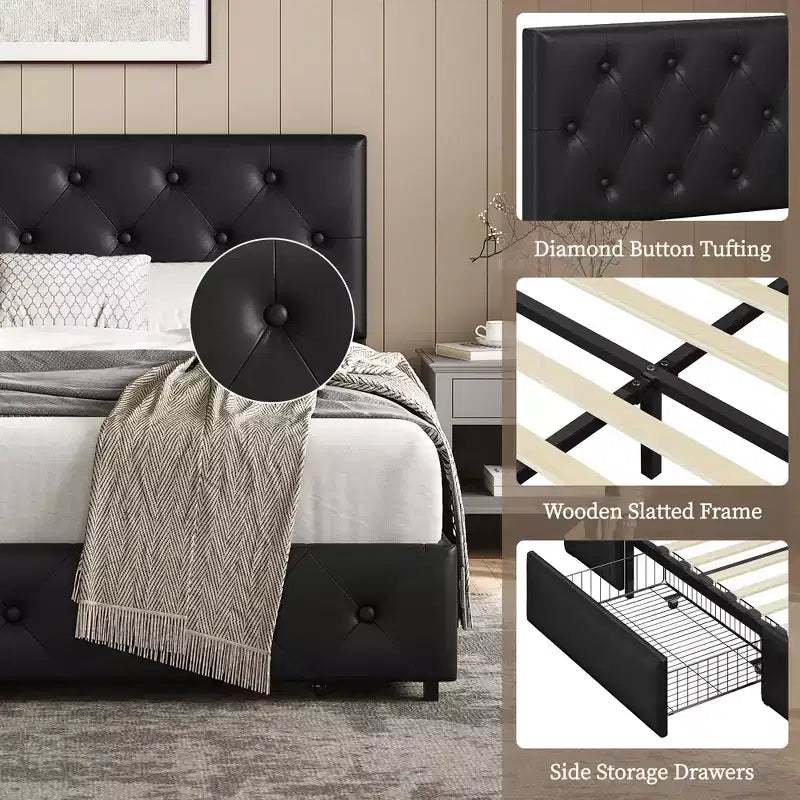 Yaheetech Upholstered Faux Leather Bed Frame with Adjustable Headboard