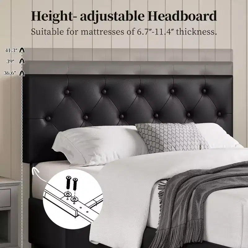 Yaheetech Upholstered Faux Leather Bed Frame with Adjustable Headboard