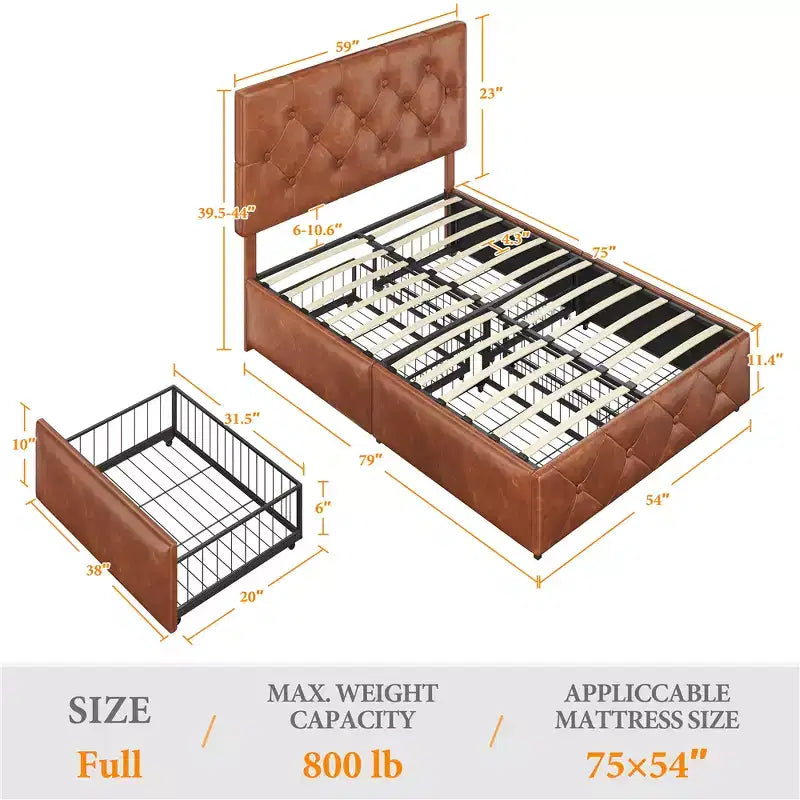 Yaheetech Upholstered Faux Leather Bed Frame with Adjustable Headboard