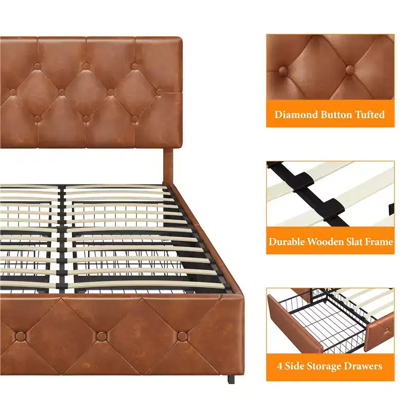 Yaheetech Upholstered Faux Leather Bed Frame with Adjustable Headboard