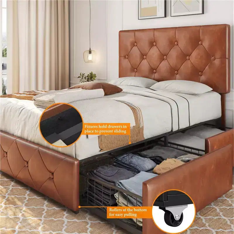 Yaheetech Upholstered Faux Leather Bed Frame with Adjustable Headboard