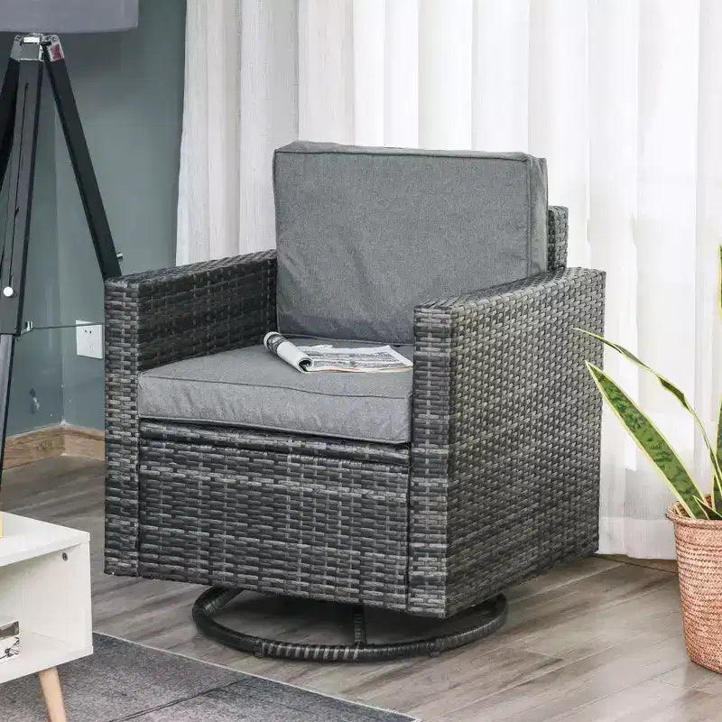Outsunny Sedia a Dondolo Girevole da Esterno, Sedia da Pranzo in Rattan PE, Dondolo da Giardino Girevole a 360 Gradi con Cuscini, Acciaio