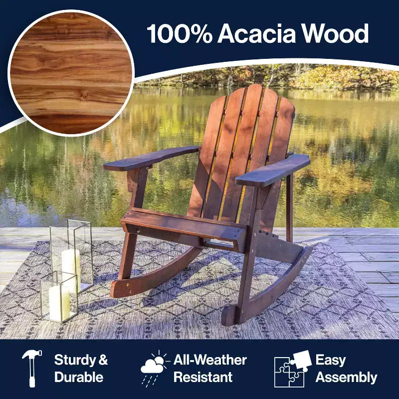 Kiawah Outdoor Patio Classic Acacia Wood Adirondack Rocking Chair -JONATHAN Y