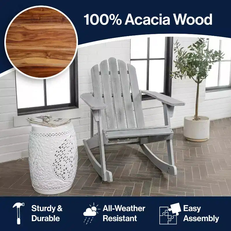 Kiawah Outdoor Patio Classic Acacia Wood Adirondack Rocking Chair -JONATHAN Y