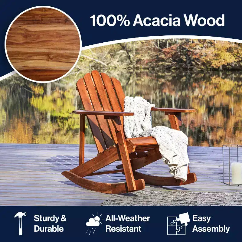 Kiawah Outdoor Patio Classic Acacia Wood Adirondack Rocking Chair -JONATHAN Y