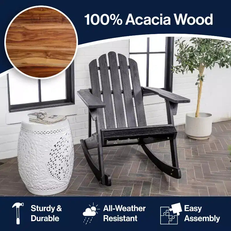 Kiawah Outdoor Patio Classic Acacia Wood Adirondack Rocking Chair -JONATHAN Y