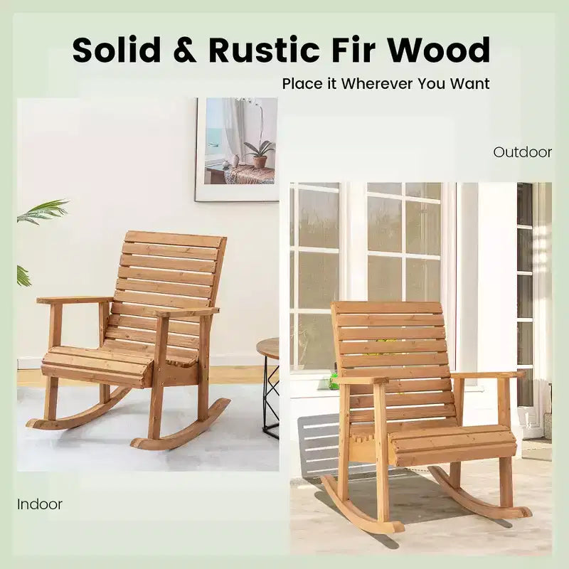 Sedia a dondolo da esterno Costway in legno di abete con schienale alto e braccioli, per giardino/cortile, colore naturale