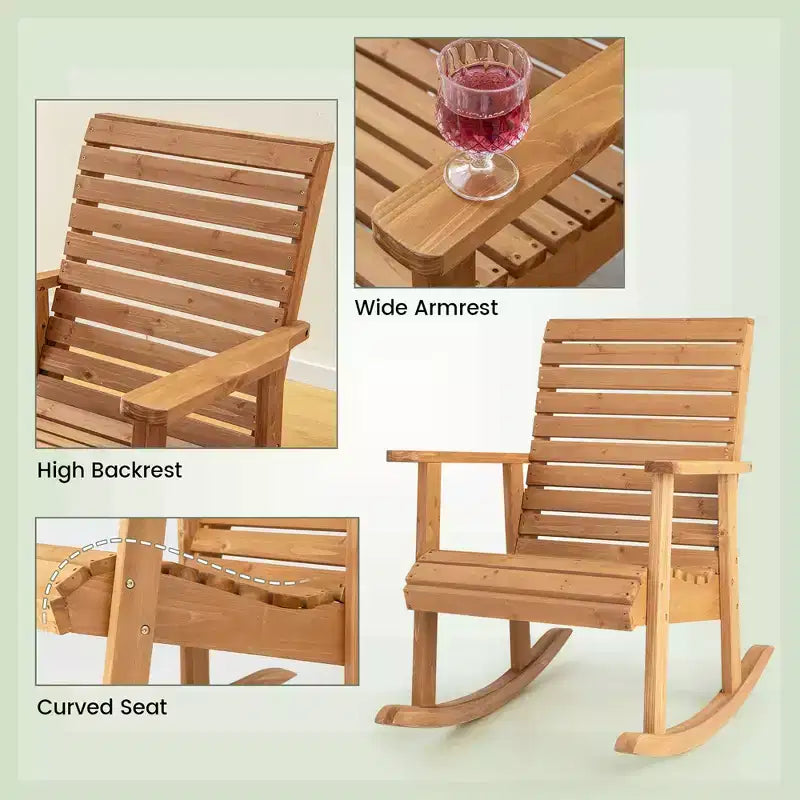 Sedia a dondolo da esterno Costway in legno di abete con schienale alto e braccioli, per giardino/cortile, colore naturale