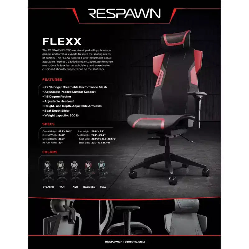 Sedia da Gaming RESPAWN Flexx Mesh con Supporto Lombare e Poggiatesta Regolabile