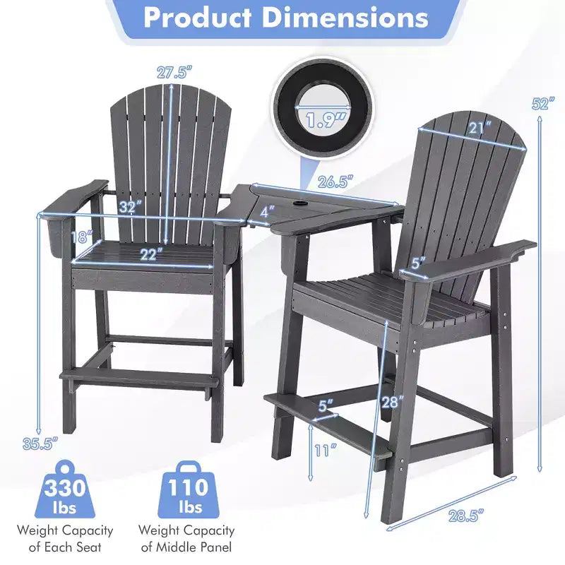 Costway 2pcs HDPE Tall Adirondack Chair Barstools Connecting Tray Patio Footrest