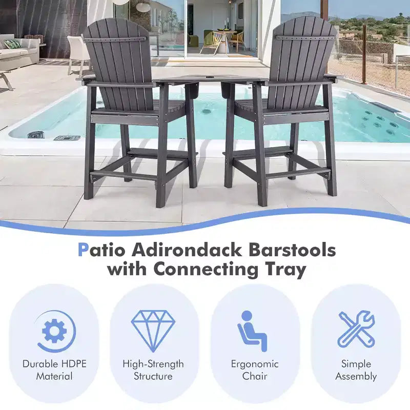 Costway 2pcs HDPE Tall Adirondack Chair Barstools Connecting Tray Patio Footrest