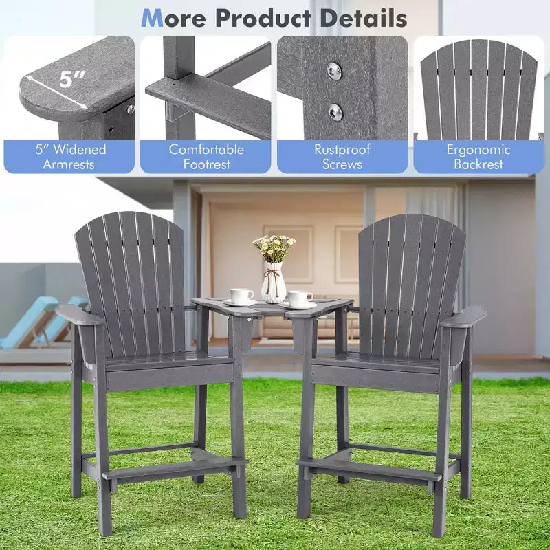 Costway 2pcs HDPE Tall Adirondack Chair Barstools Connecting Tray Patio Footrest
