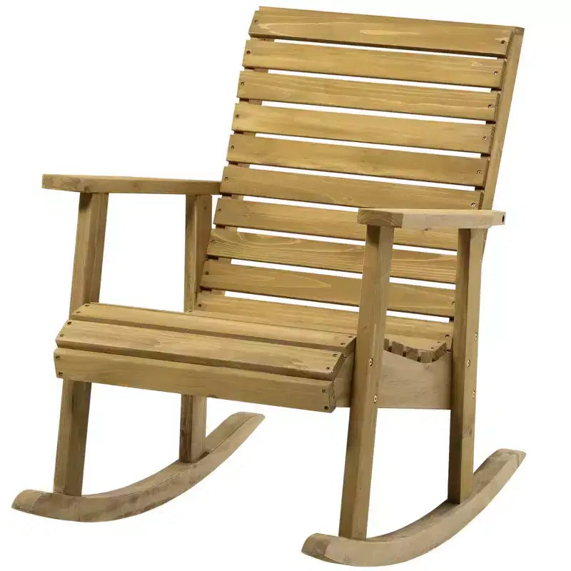 Outsunny Wooden Outdoor Rocking Chair, Traditional Slatted Wood Rocker with Armrests for Indoor & Outdoor, Light Brown