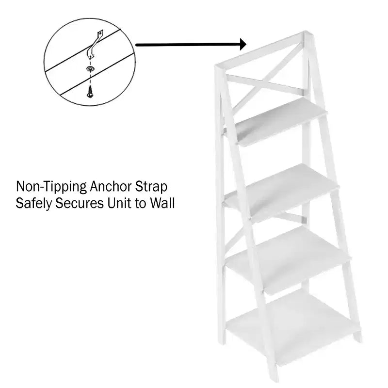 Hastings Home 4-Tier Ladder Bookshelf, Freestanding Bookcase with X-Back Frame and Leaning Look for Home or Office, White
