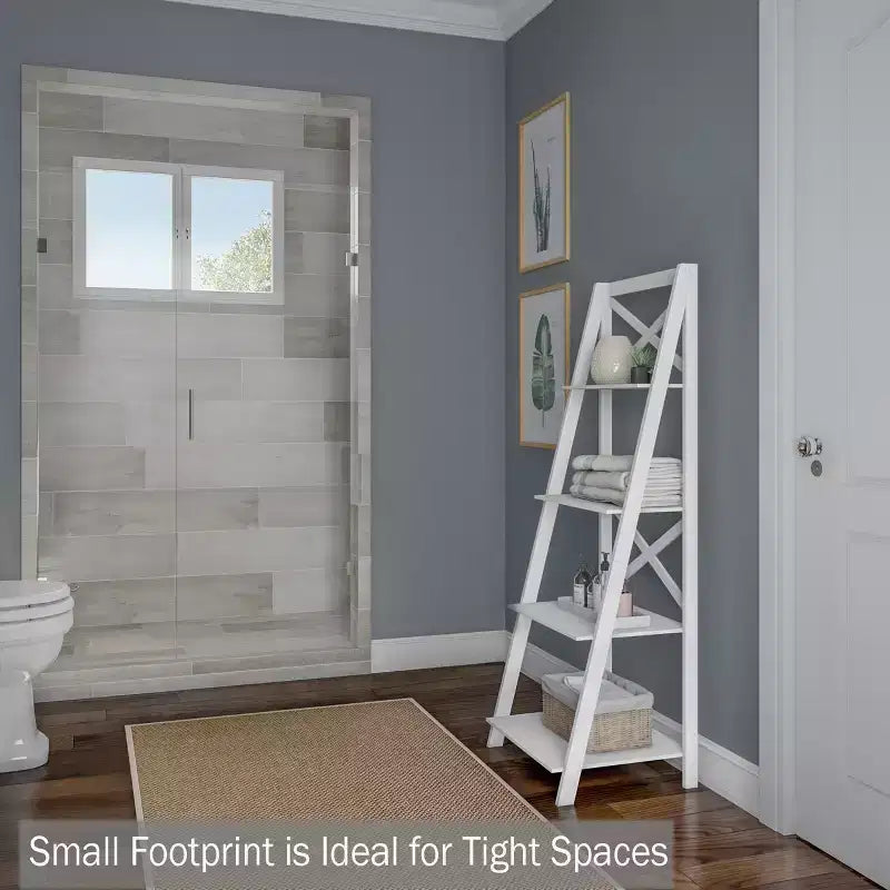 Hastings Home 4-Tier Ladder Bookshelf, Freestanding Bookcase with X-Back Frame and Leaning Look for Home or Office, White