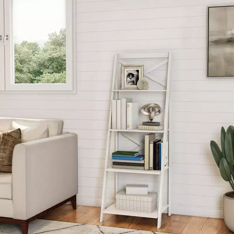 Hastings Home 4-Tier Ladder Bookshelf, Freestanding Bookcase with X-Back Frame and Leaning Look for Home or Office, White