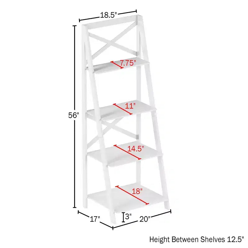Hastings Home 4-Tier Ladder Bookshelf, Freestanding Bookcase with X-Back Frame and Leaning Look for Home or Office, White