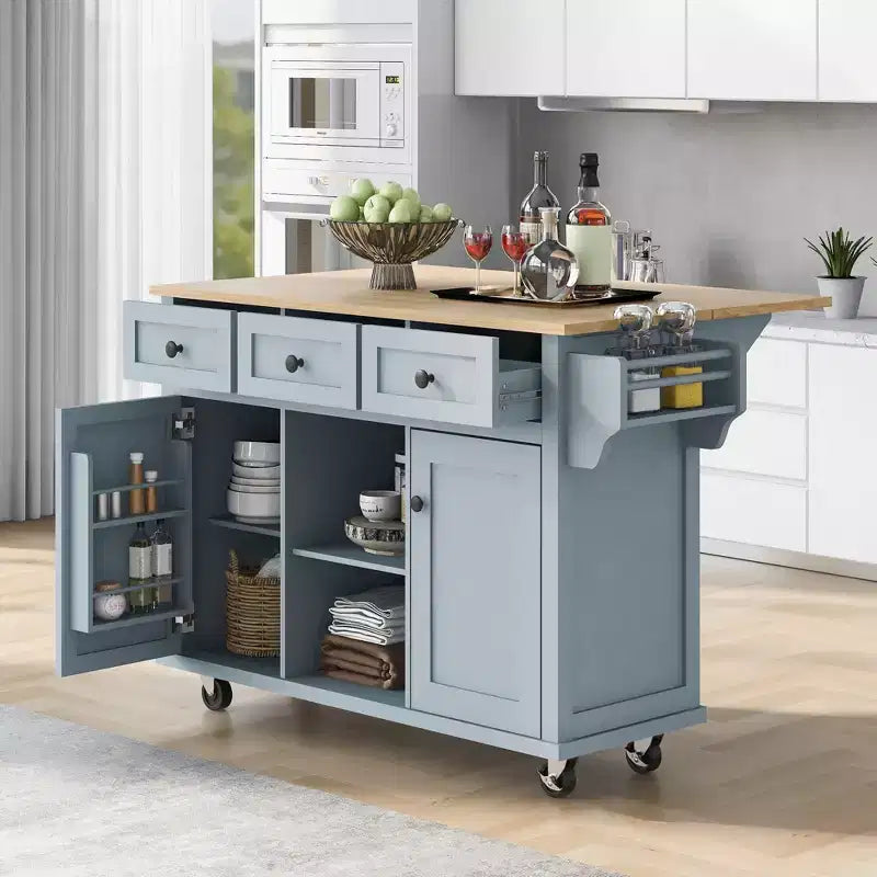 Drop-Leaf Countertop Kitchen Island, Kitchen Cart with 5 Wheels, Storage Cabinet and 3 Drawers-ModernLuxe