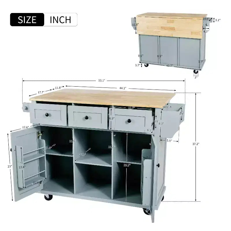 Drop-Leaf Countertop Kitchen Island, Kitchen Cart with 5 Wheels, Storage Cabinet and 3 Drawers-ModernLuxe