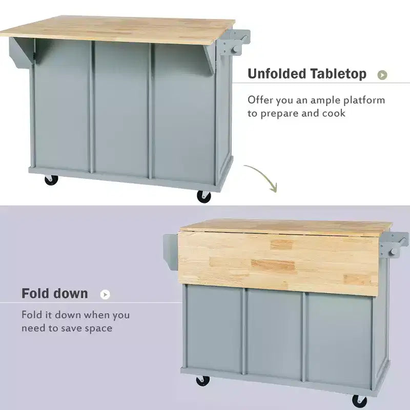 Drop-Leaf Countertop Kitchen Island, Kitchen Cart with 5 Wheels, Storage Cabinet and 3 Drawers-ModernLuxe