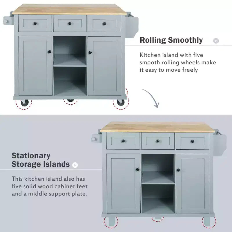 Drop-Leaf Countertop Kitchen Island, Kitchen Cart with 5 Wheels, Storage Cabinet and 3 Drawers-ModernLuxe