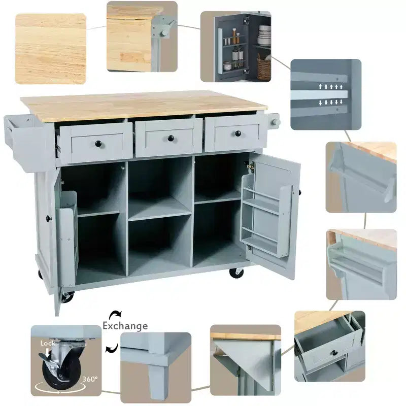 Drop-Leaf Countertop Kitchen Island, Kitchen Cart with 5 Wheels, Storage Cabinet and 3 Drawers-ModernLuxe